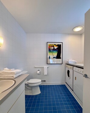 Shower, hair dryer, towels