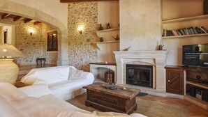 Uma sala de estar aconchegante com parede de pedra, lareira, sofá branco, mesa de centro de madeira e estante de livros.