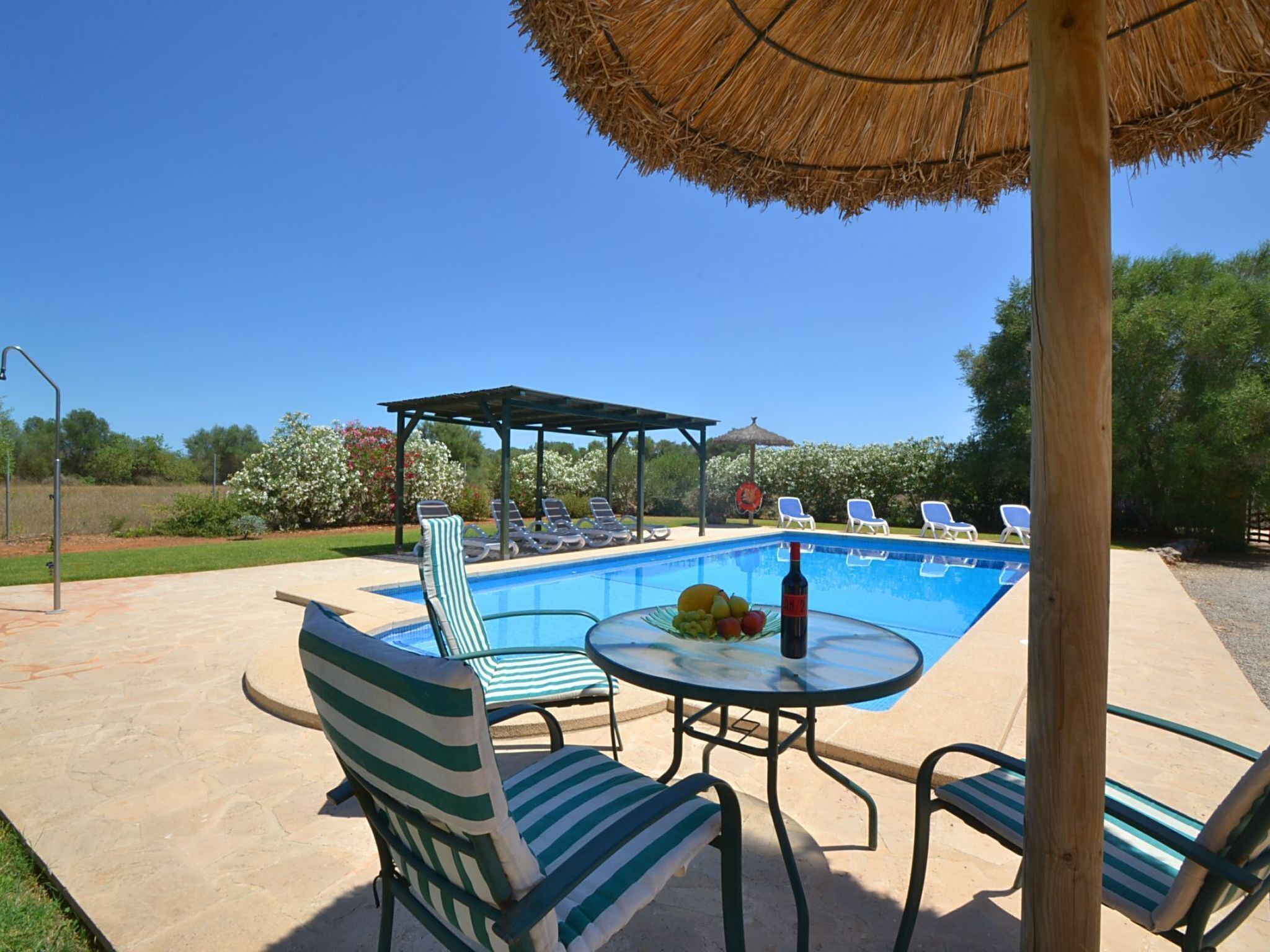Un espace piscine avec des chaises longues, une table garnie de fruits et une bouteille, et un parasol en feuilles de palmier.
