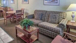 Un salon avec un canapé à motifs, une table basse en bois agrémentée d’une plante, un coin repas avec des chaises et une table, et des œuvres d’art encadrées accrochées aux murs.