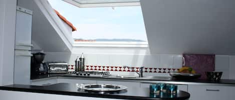 Fridge, microwave, dishwasher, cookware/dishes/utensils