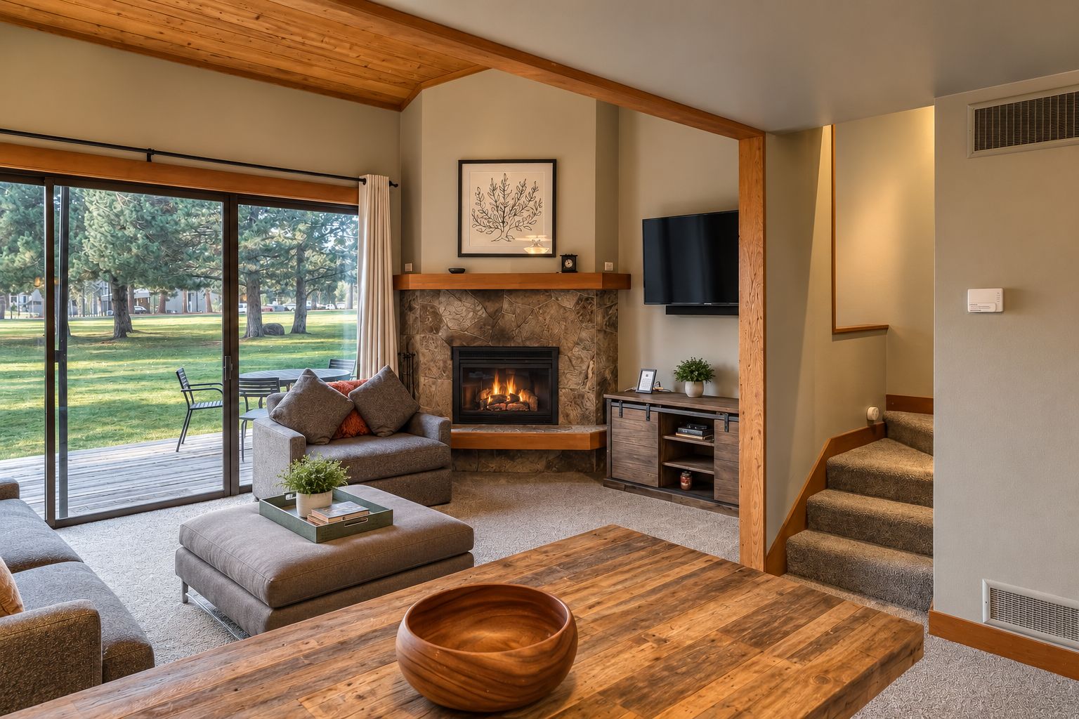 A modern living room with a fireplace, a flat-screen TV, and a staircase.