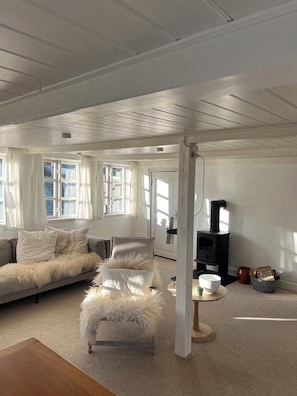Ett rum med en soffa, en fåtölj, ett bord, en öppen spis och stora fönster.