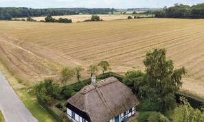 A rural landscape with a thatched-roof house, fields, and a road. - Cozy farmhouse close to the sea (Nakskov)