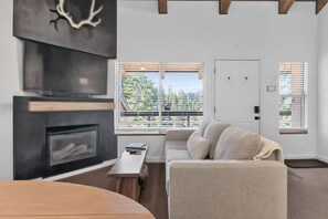 A modern living room with a fireplace, a sofa, a coffee table, and a television.
