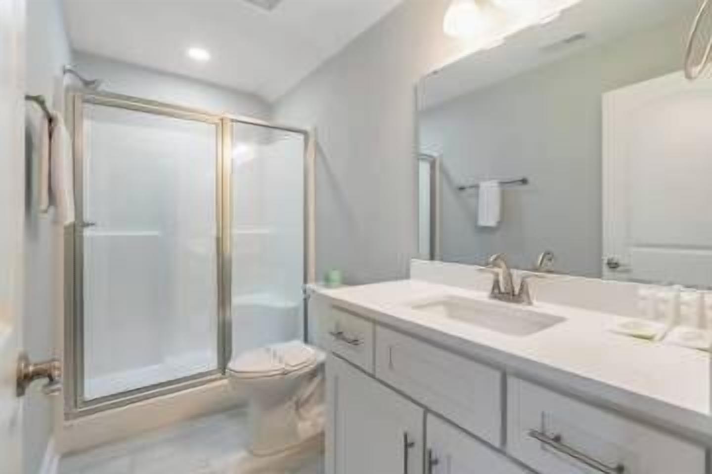 A modern bathroom with a glass shower enclosure, a white sink, and a large mirror.
