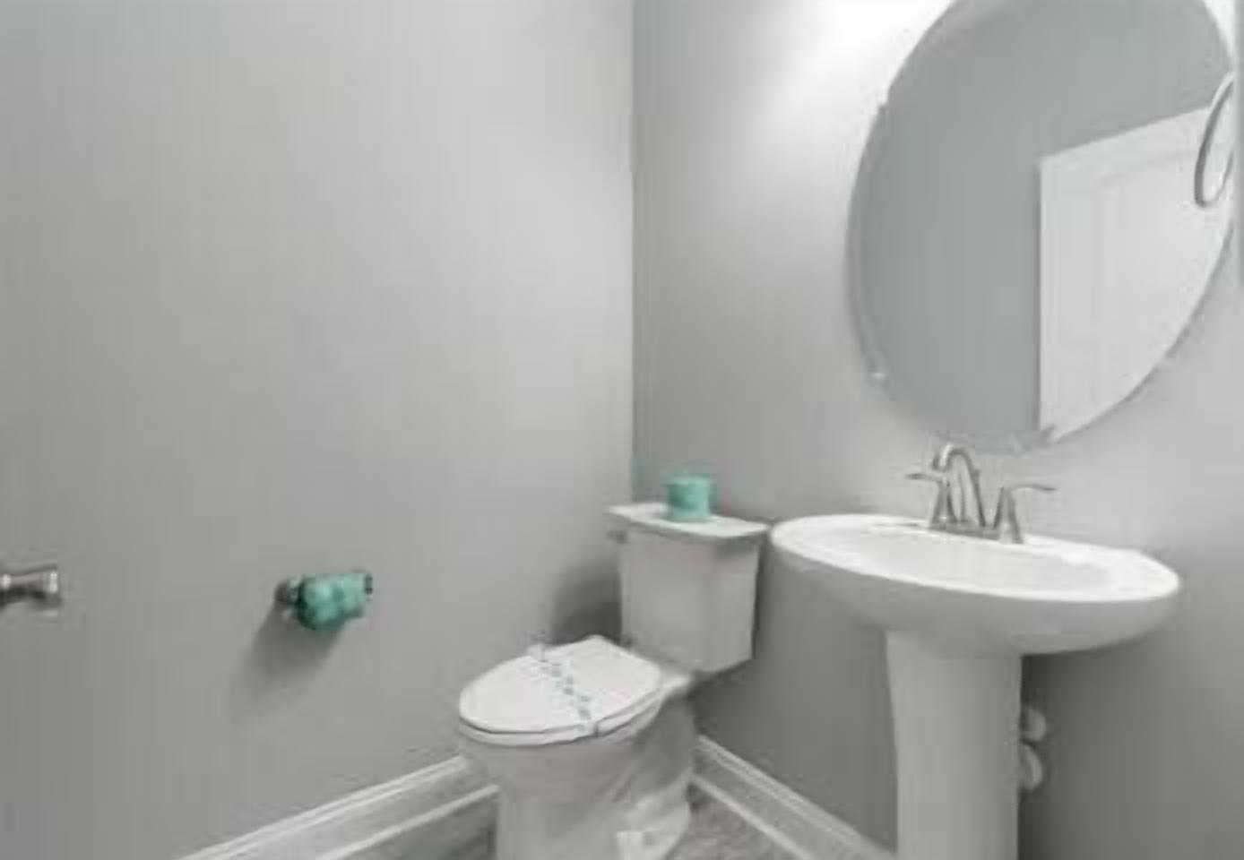 Une salle de bain avec des toilettes, un lavabo et un miroir.