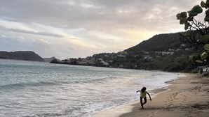 A sandy beach with footprints leading towards the water, a person walking, and houses in the background.