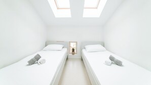 Een kamer met twee eenpersoonsbedden, een klein raam en dakramen.