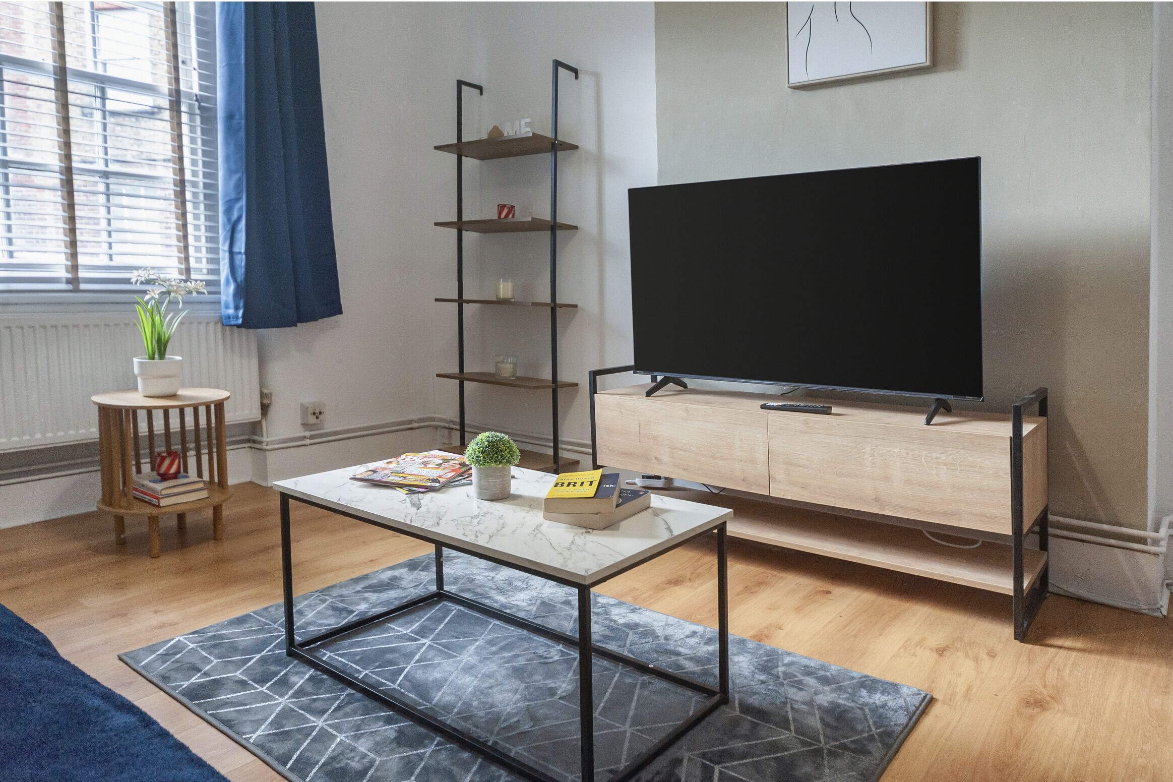 Una sala de estar con televisor sobre un mueble bajo, una mesita de centro, una estantería y una planta en maceta.