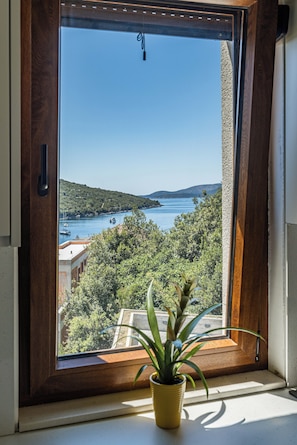 Ein Fenster mit Blick auf eine Küstenlandschaft, einschließlich Bäume und eines Gewässers.