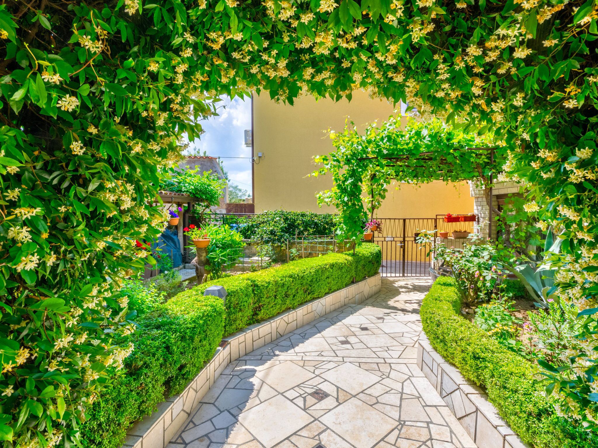 A paved pathway flanked by neatly trimmed hedges and flowering plants, leading to a gated entrance.