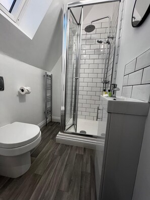 Shower, hair dryer, towels, soap