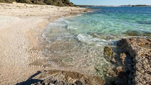 A beach with clear water, pebbly shore, and a distant town. - Villa Mojito by Interhome (Rovinj)