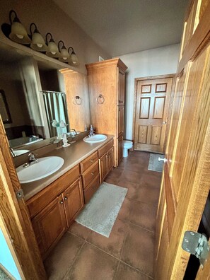 Shower, jetted tub, hair dryer, towels