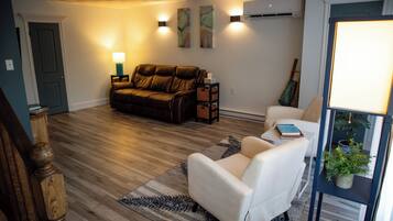 Smart TV, fireplace, books