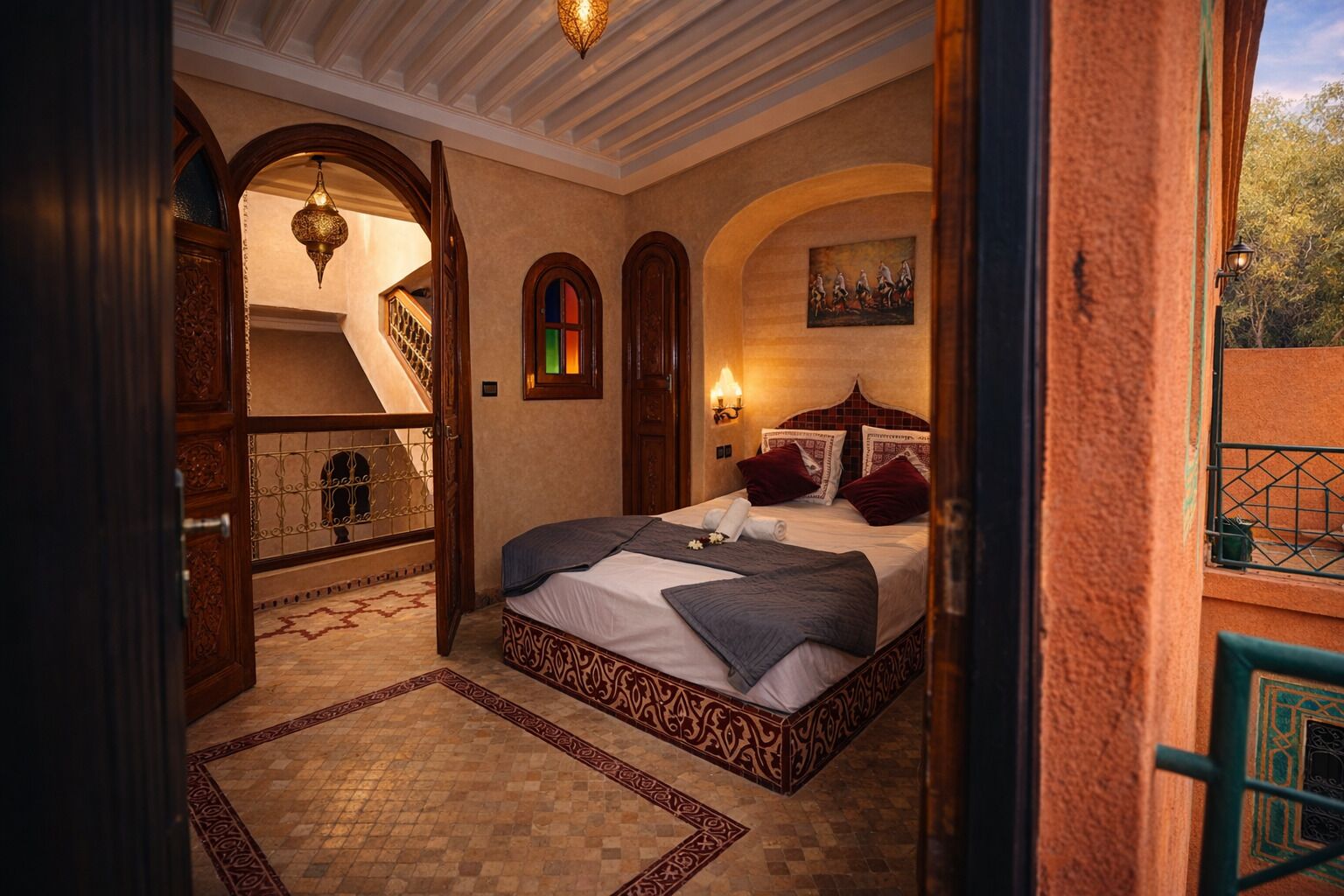 Une chambre avec un lit, donnant sur le balcon extérieur, et un escalier menant à un niveau supérieur.