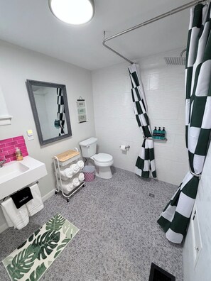 Douche, sèche-cheveux, serviettes fournies, savon