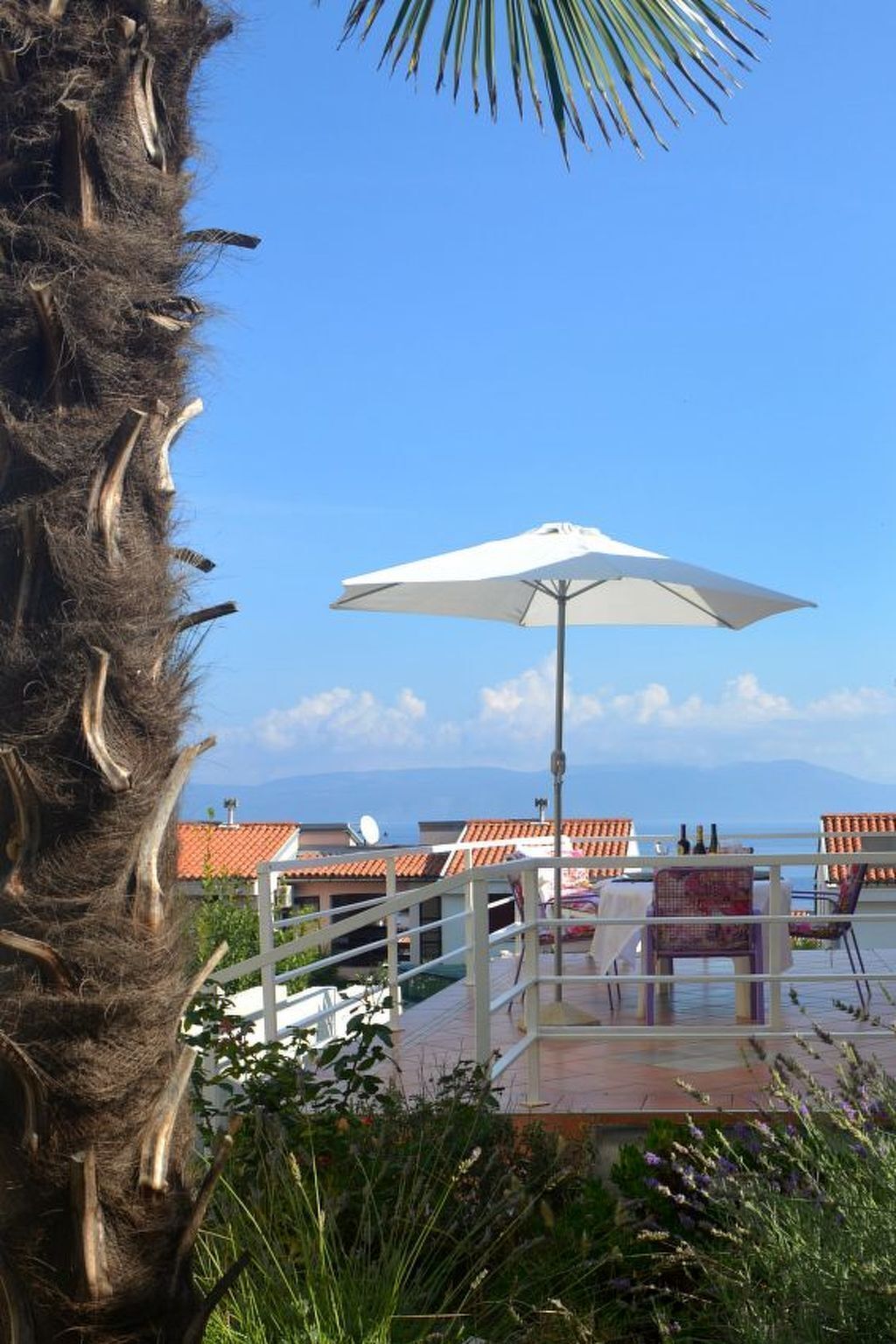 A terrace with a white umbrella, a palm tree, and a view of the sea.
