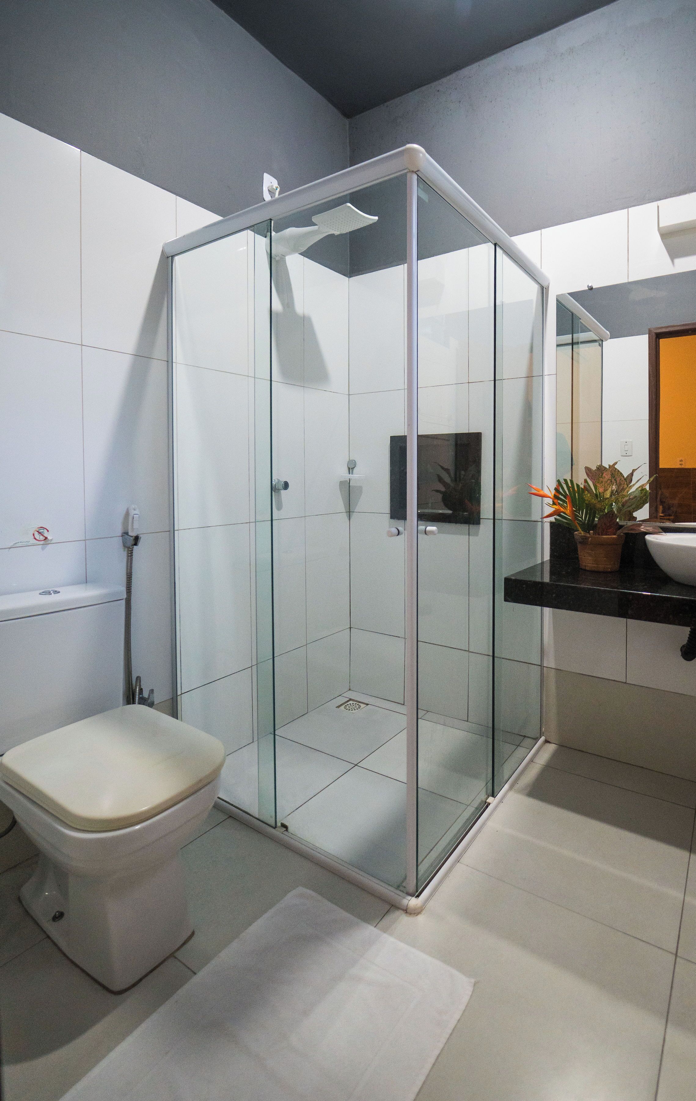 Un baño moderno con ducha de vidrio, inodoro y lavamanos con planta en maceta.