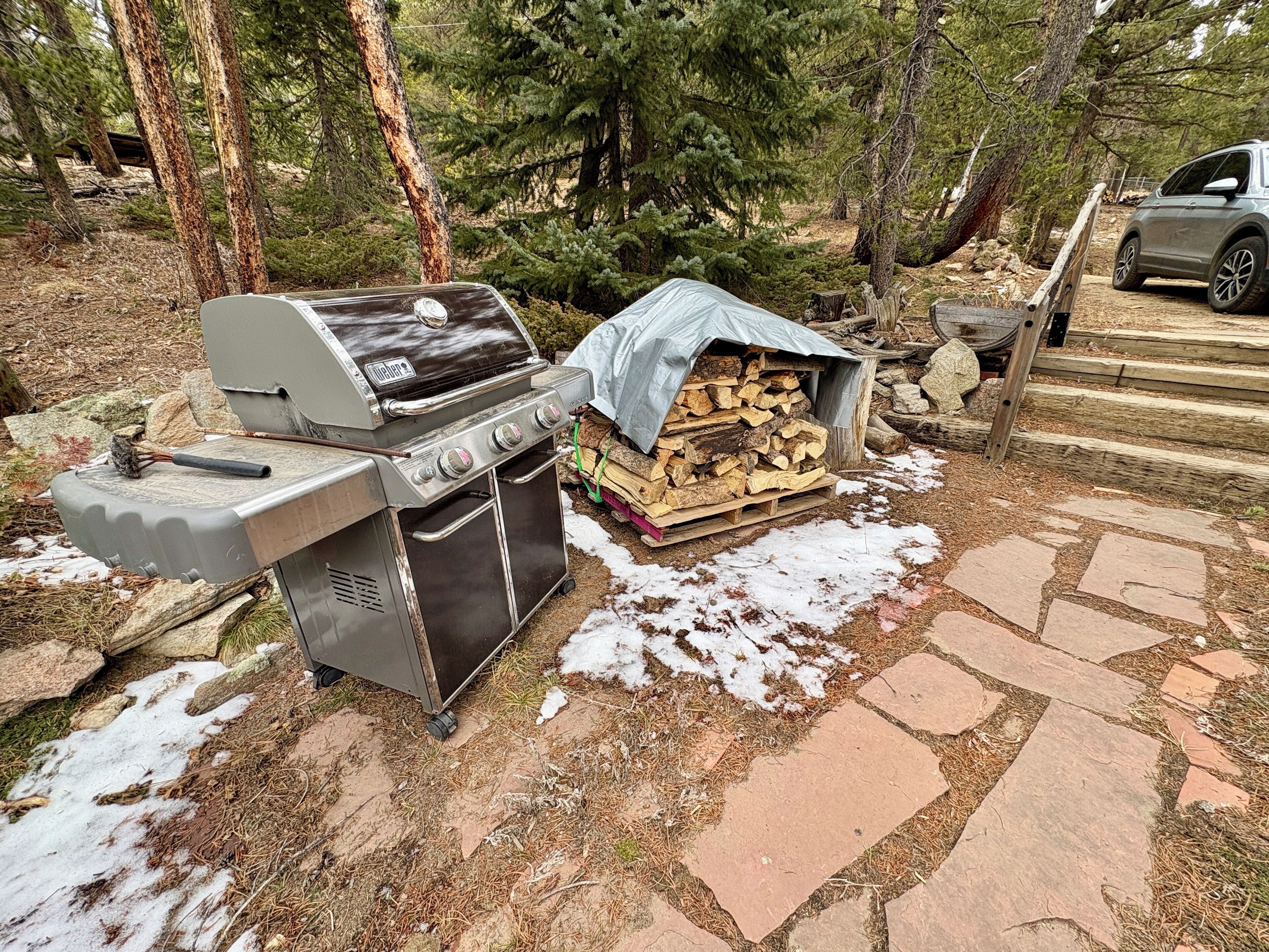 Ein Grillbereich im Freien mit Grill und überdectem Holzstoß, umgeben von Bäumen und einem Kiesweg.