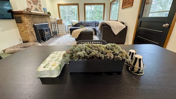 TV connectée, cheminée, livres