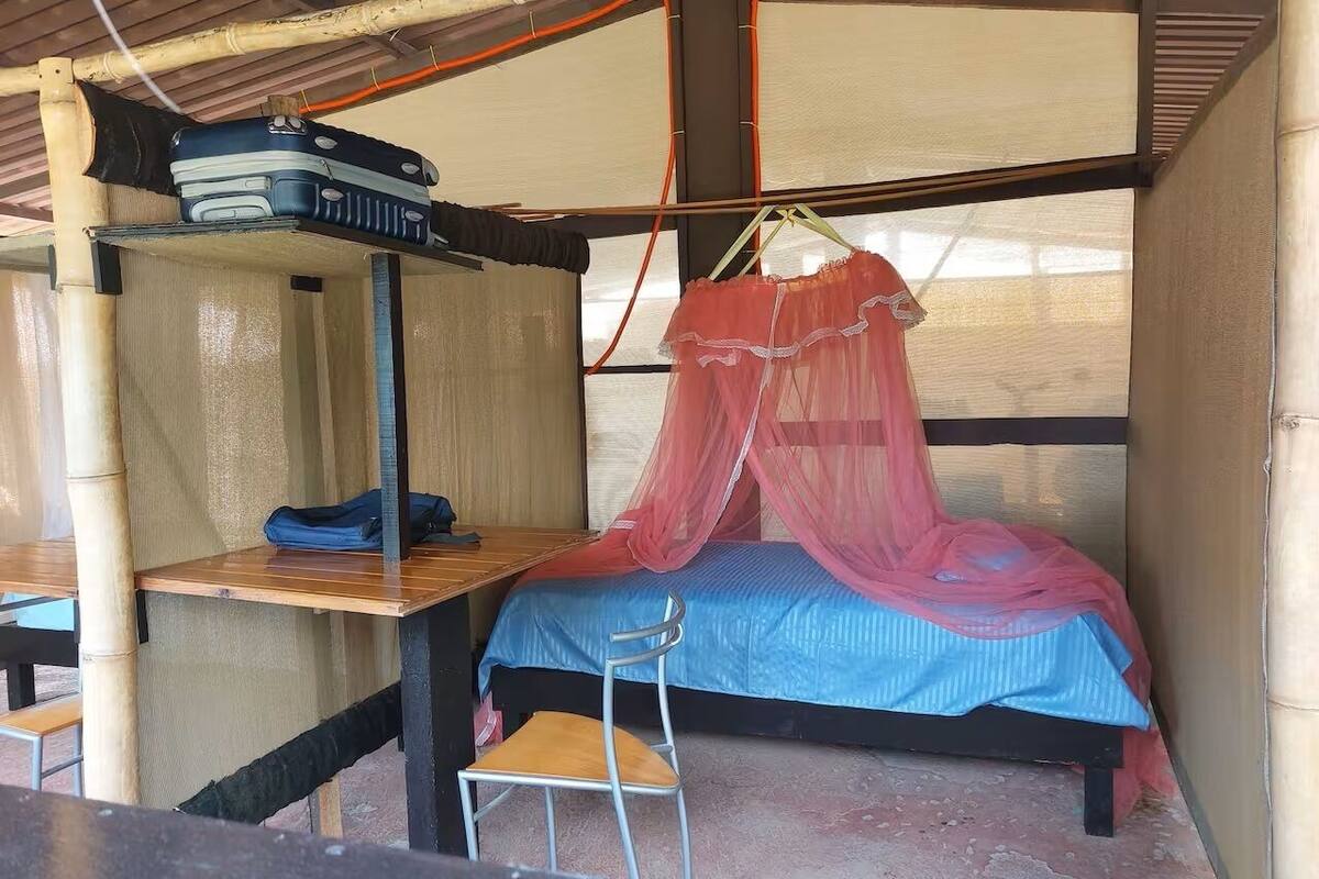 Un lit simple surmonté d’un baldaquin rouge, un bureau en bois avec une chaise et une étagère où sont posés des bagages.
