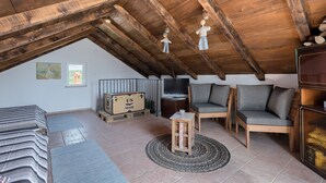 Een loft-achtige kamer met schuine plafonds, een televisie, een bank, een stoel, een klein tafeltje en een vloerkleed.