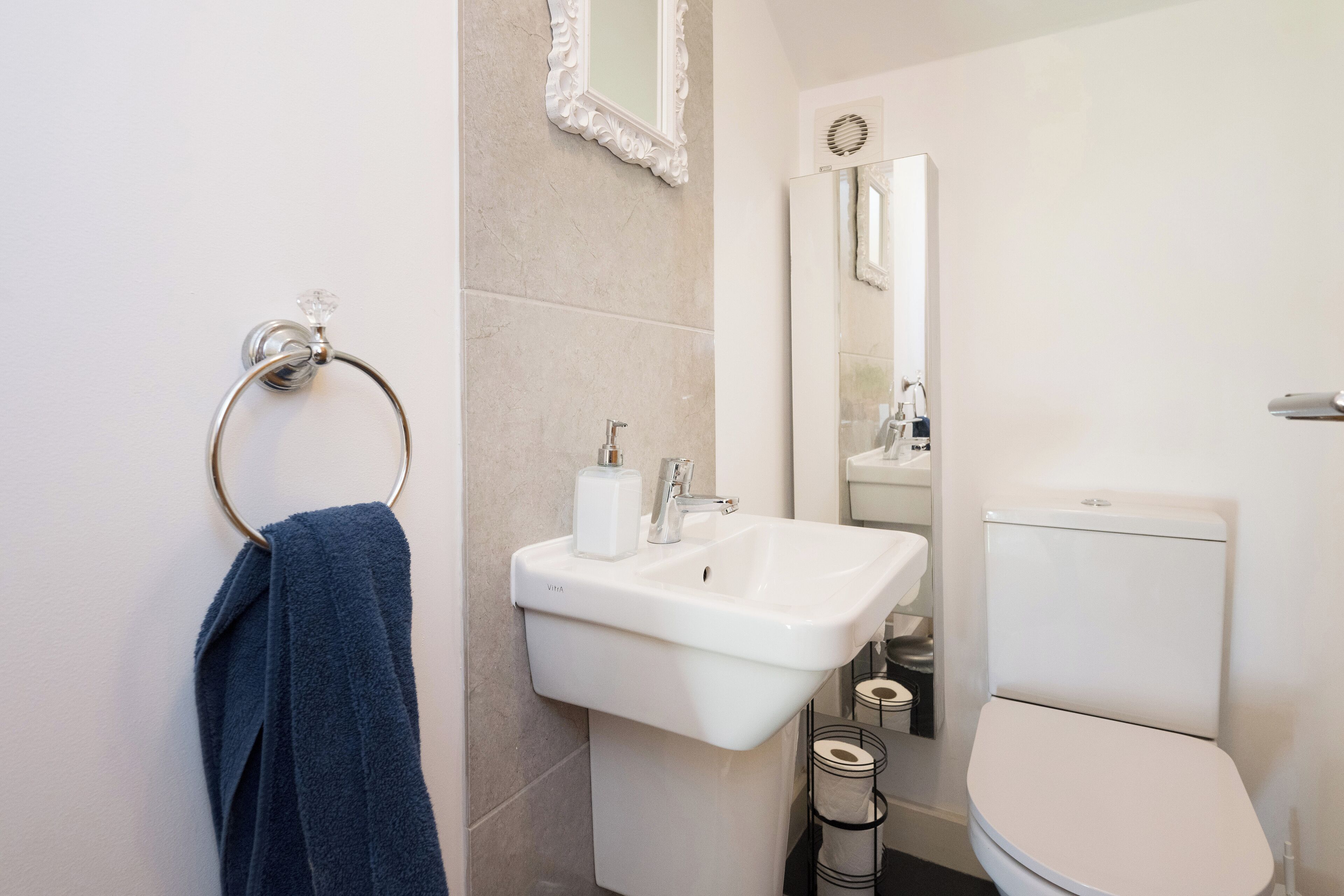 A bathroom with a sink, toilet, and a towel ring.