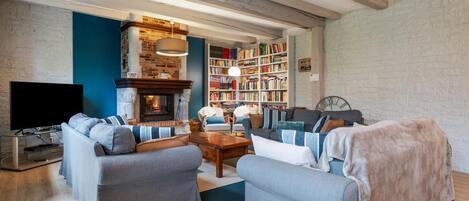 Télévision, cheminée, lecteur de DVD, table de tennis de table