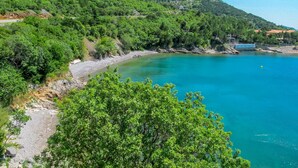 Eine Küstenlandschaft mit freiem Blick auf einen Strand, einen kleinen Steg und einen Hügel mit dichter Vegetation.