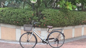 A stationary bicycle with a basket, parked on a paved surface with a tiled wall and greenery in the background. - Japanese Styled Condo in the Heart of Pattaya next to Pattaya Beach. (Pattaya City)