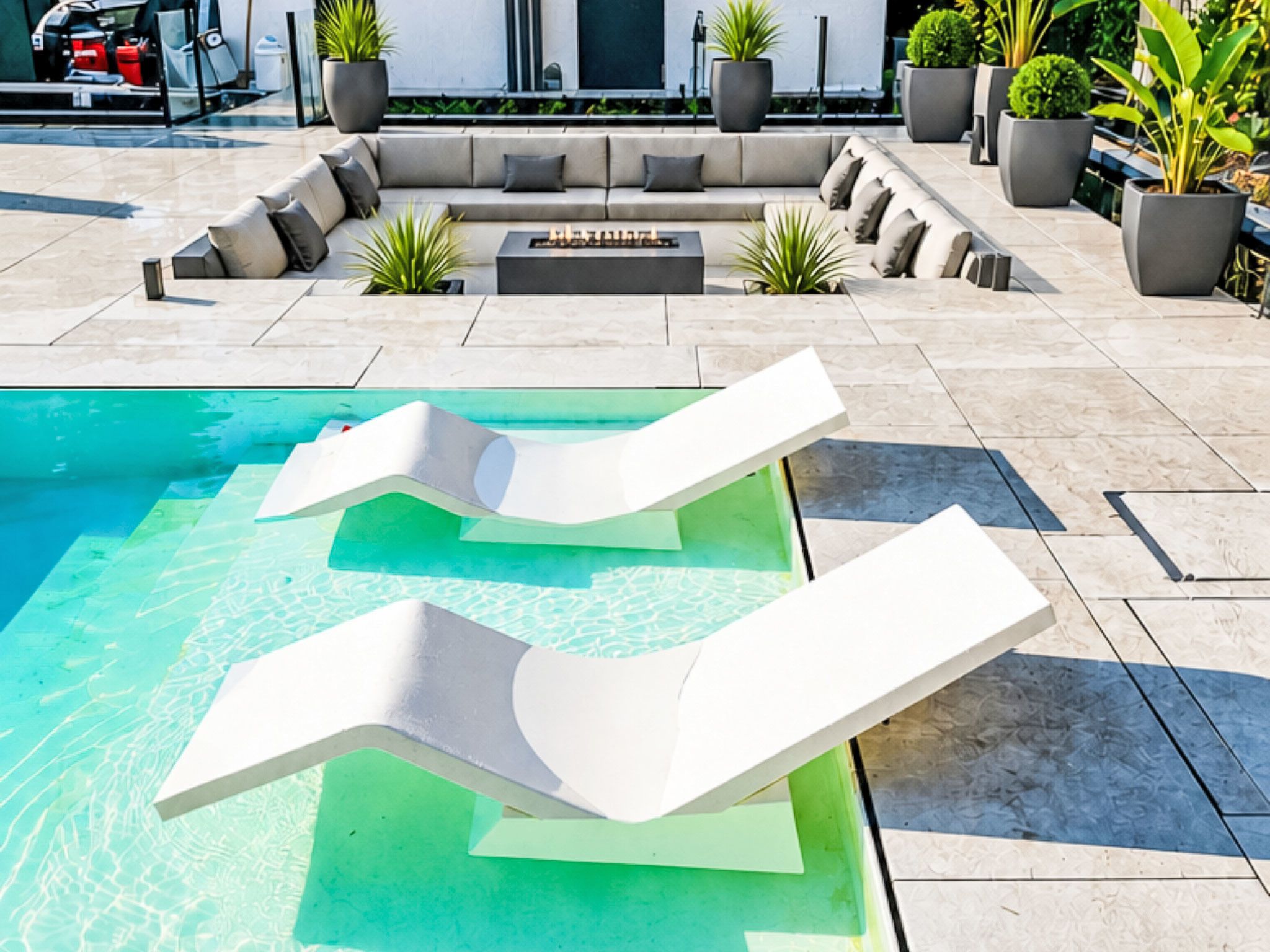 A pool area with two lounge chairs, a seating area with cushions, and potted plants.