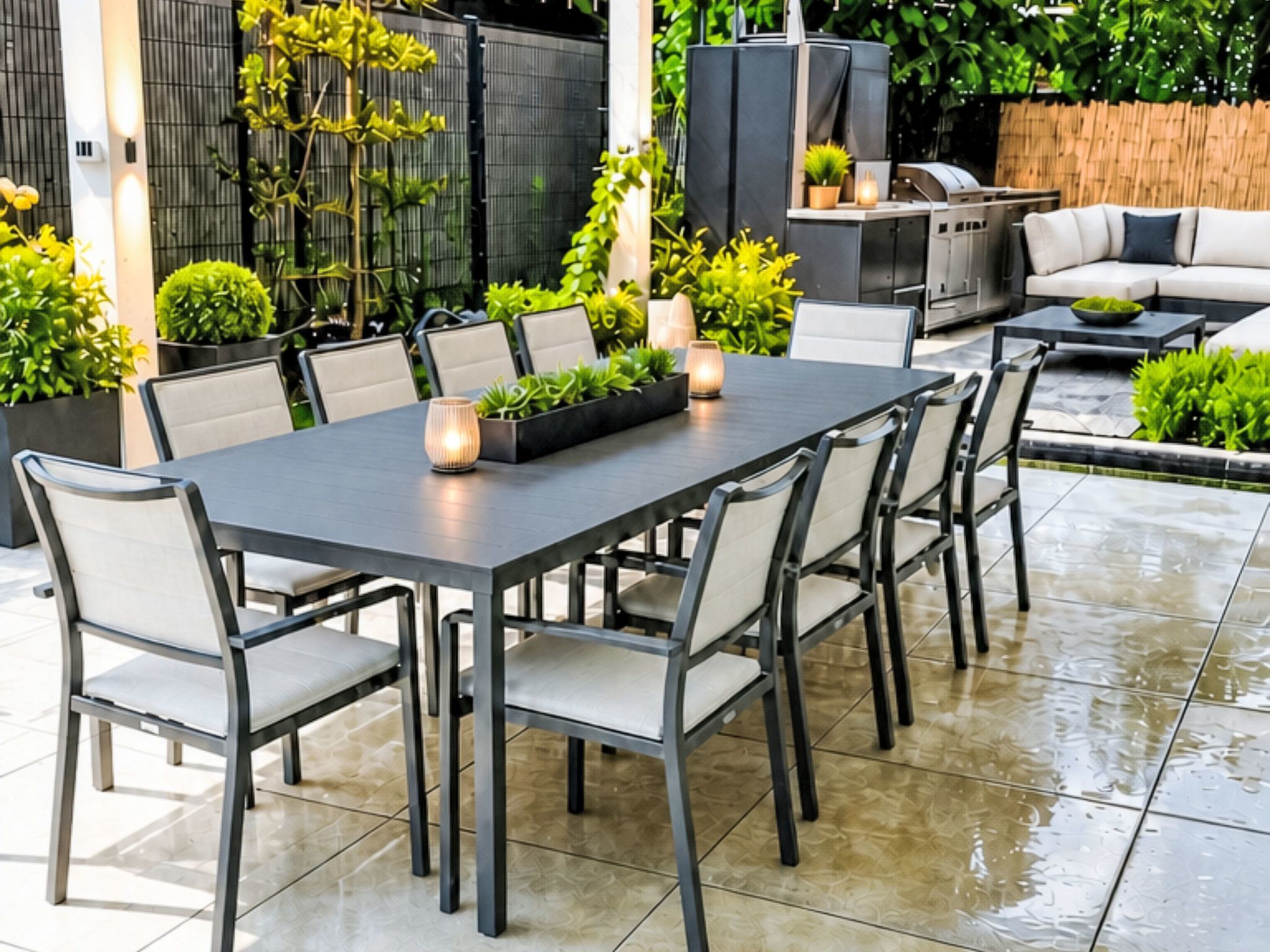 An outdoor patio with a dining table, chairs, and a TV.