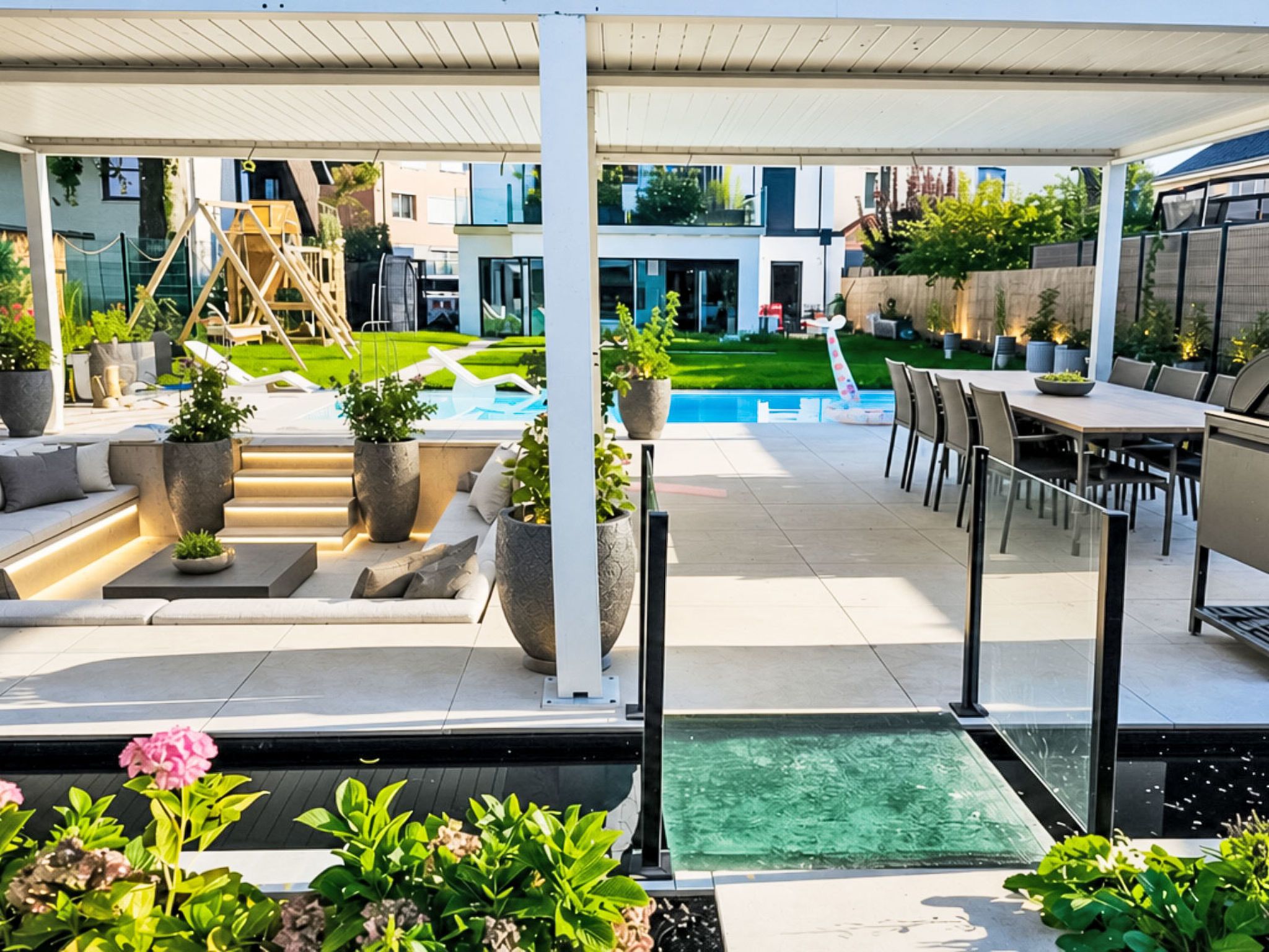 A modern outdoor patio with a pool, seating, and a children's play area.