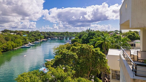 A river with boats, a bridge, and lush greenery.