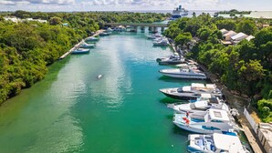A marina with boats docked along a riverbank, a bridge in the background, and lush greenery surrounding the area.