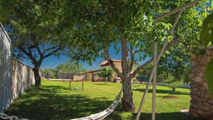 En hängmatta under ett träd, en gräsig trädgård och en byggnad med ett rött tak.