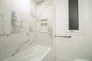 Hair dryer, towels, soap, toilet paper