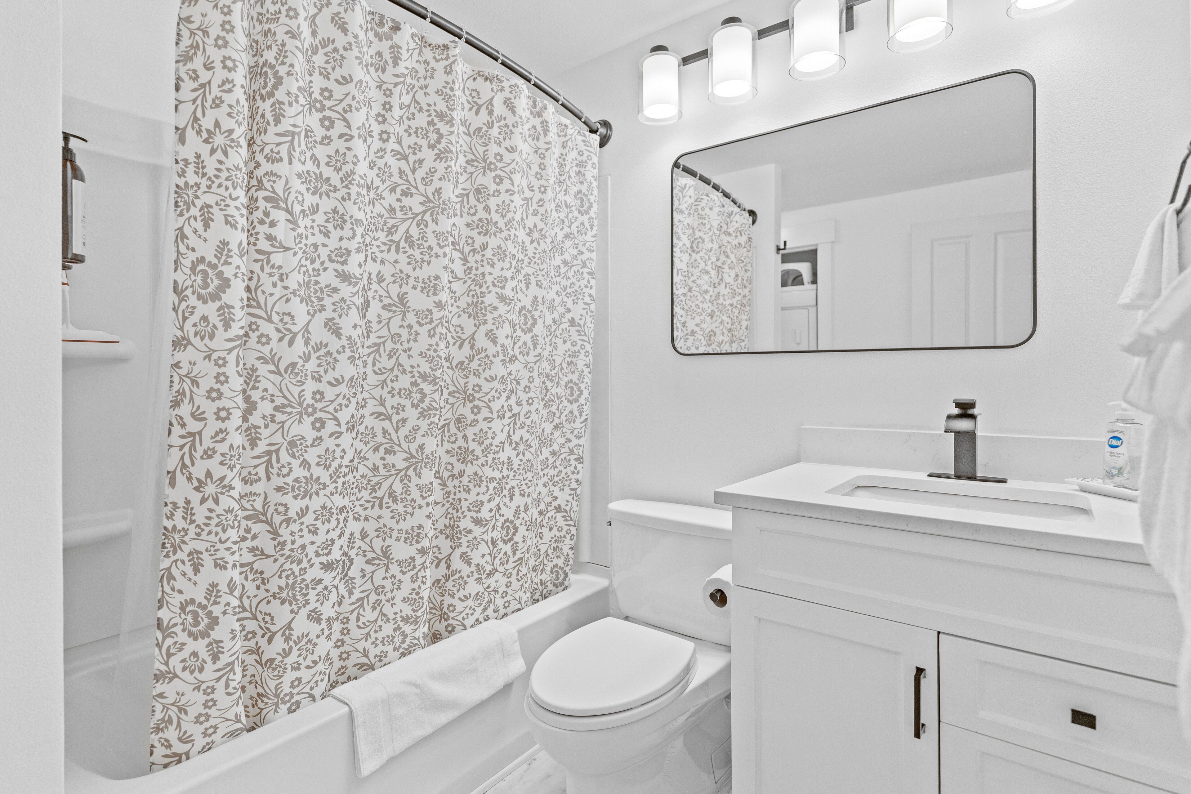 Hair dryer, towels, soap, shampoo