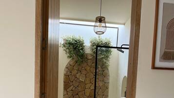 Hair dryer, towels, soap, shampoo