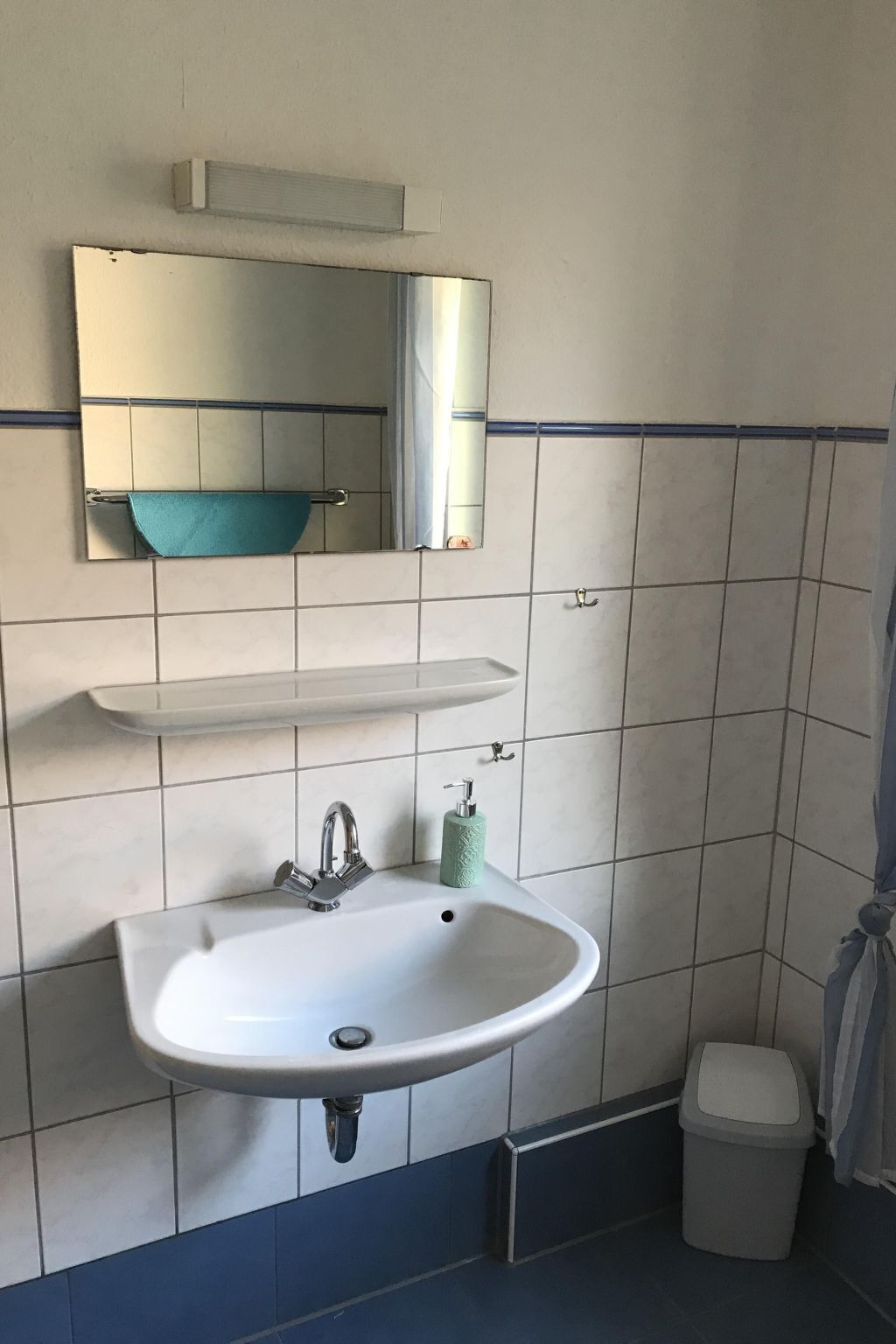 A bathroom with a white sink, a mirror, a towel rack, and a trash bin.