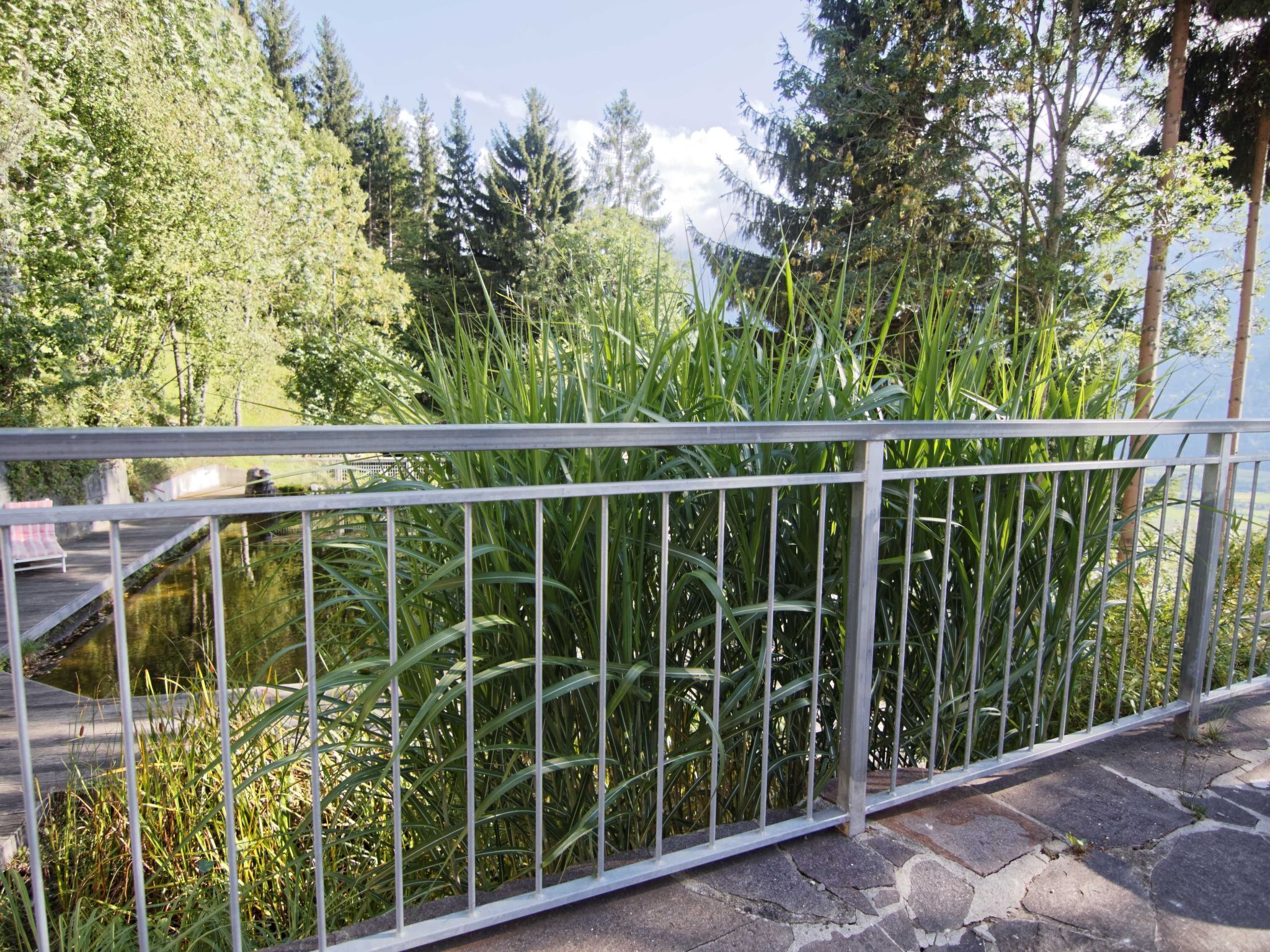 A stone pathway leading to a wooden deck with a metal railing overlooking a pond surrounded by tall grasses and trees.