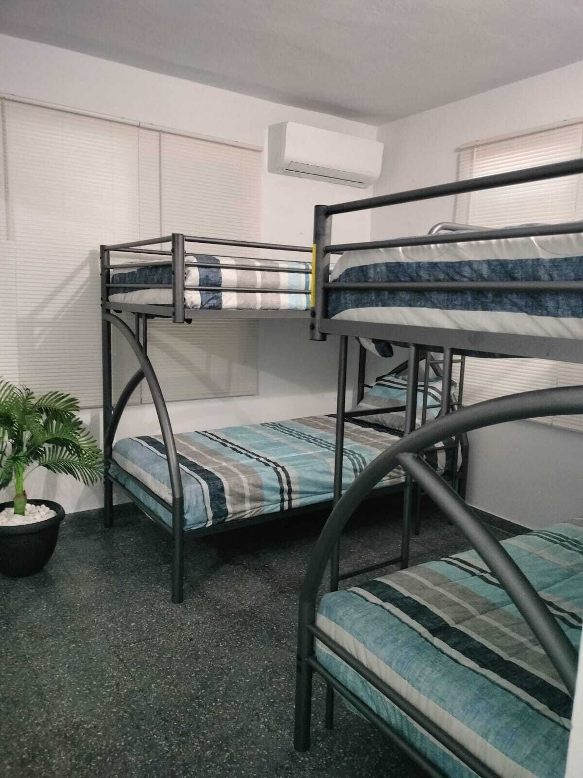 A bunk bed room with a potted plant and an air conditioning unit.