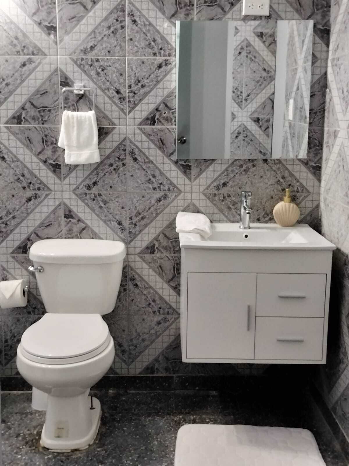 A bathroom with a toilet, sink, and mirror.
