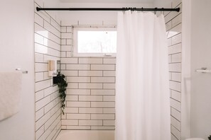 Regadera, secadora de cabello, toallas, shampoo 
