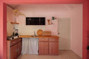 A compact kitchen with wooden cabinets, a countertop, a sink, a window, and a door. - Central Cozy Apartment • 7 Min to Palm Beach (Noord)
