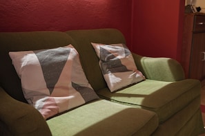 A green sofa with two patterned cushions against a red wall. - Tropical Hideaway Cozy Apartment near Palm Beach (Noord)