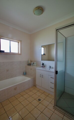 Hair dryer, towels, soap, toilet paper