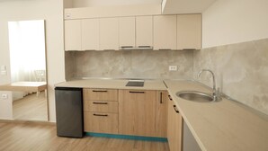 A modern kitchen with wooden cabinets, a built-in dishwasher, and a stainless steel sink. - Duplex City 01 in Durr s (Durrës)